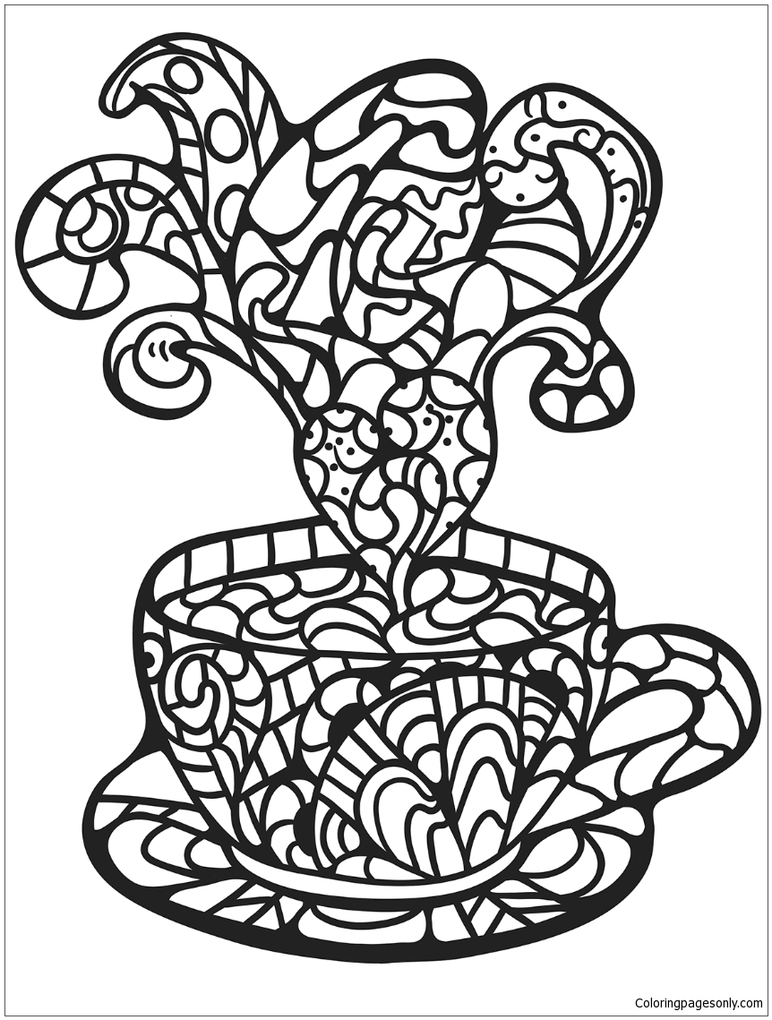 Zentangle Coffee Cup Desserts Coloring Page