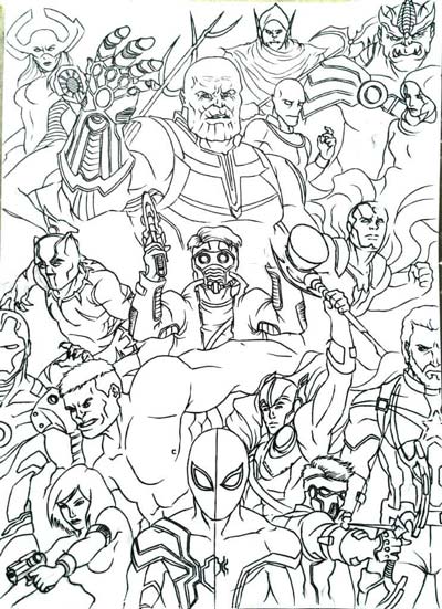 All characters in team of the Avengers fight to Thanos with Infinity Gauntlet Coloring Pages