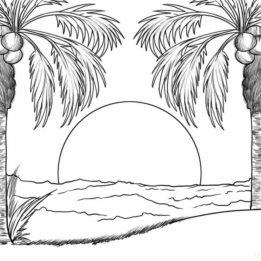 Coconuts scene in the sunset Coloring Page