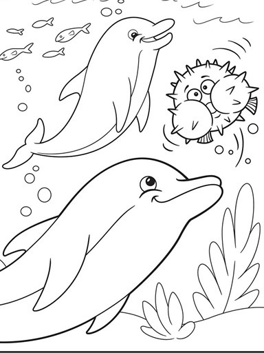 Happy Dolphins under the sea Coloring Page