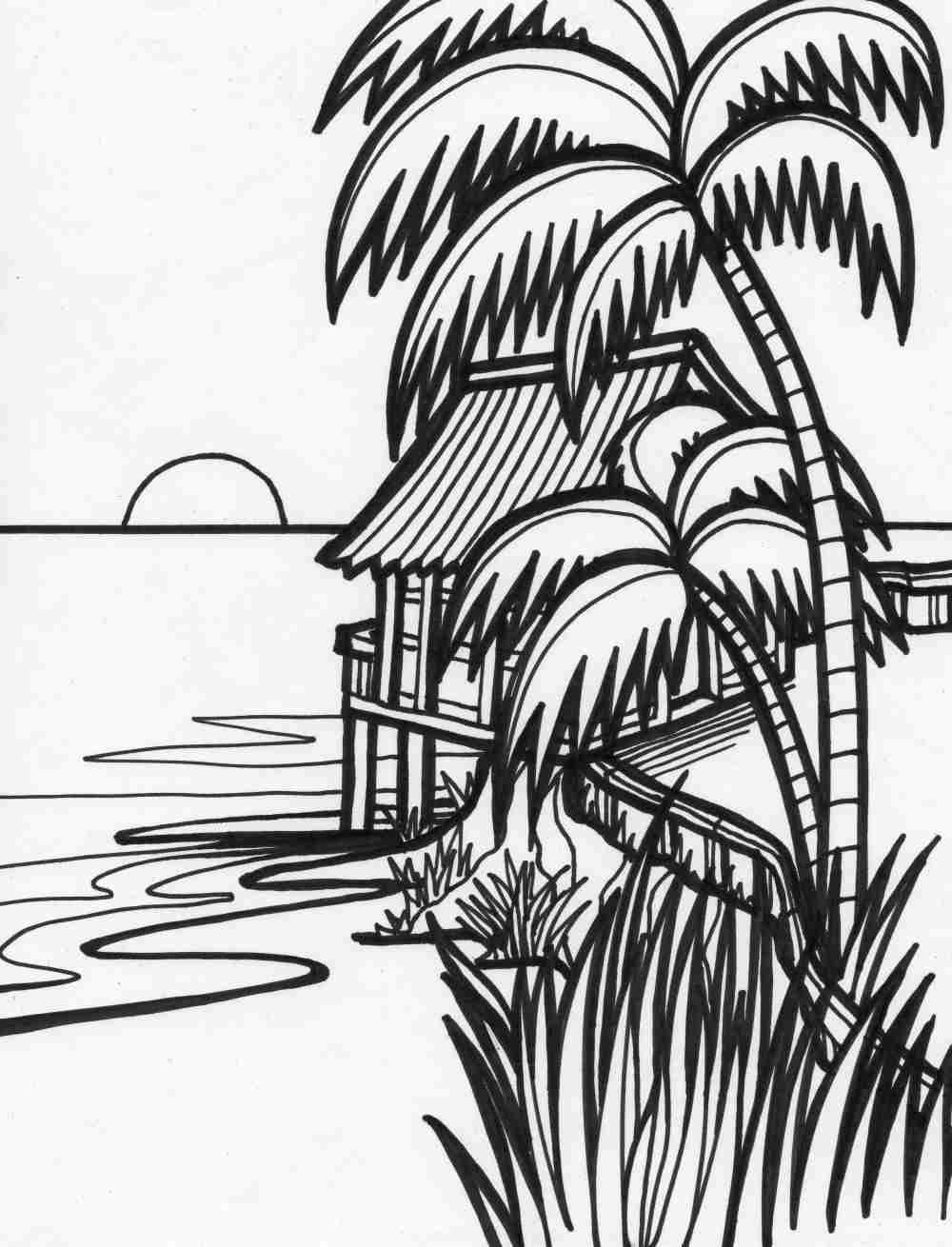 The Sunset scene about the house on the coconut island Coloring Page