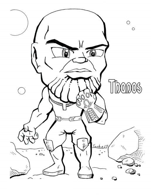 Chibi cute Thanos from the Avengers with his glitter eyes Coloring Page
