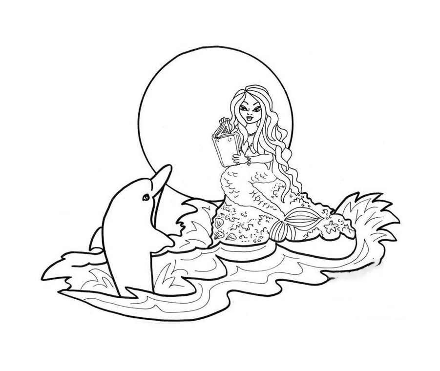 Mermaid tells dolphin a fairy tale Coloring Page