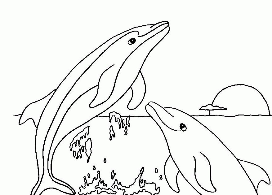 Dolphins head above the water in the sunset Coloring Page