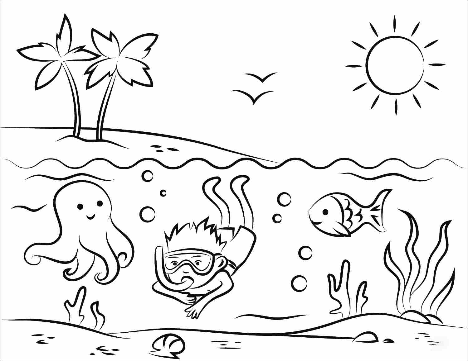 The boy diving under the sea in the sunset Coloring Page