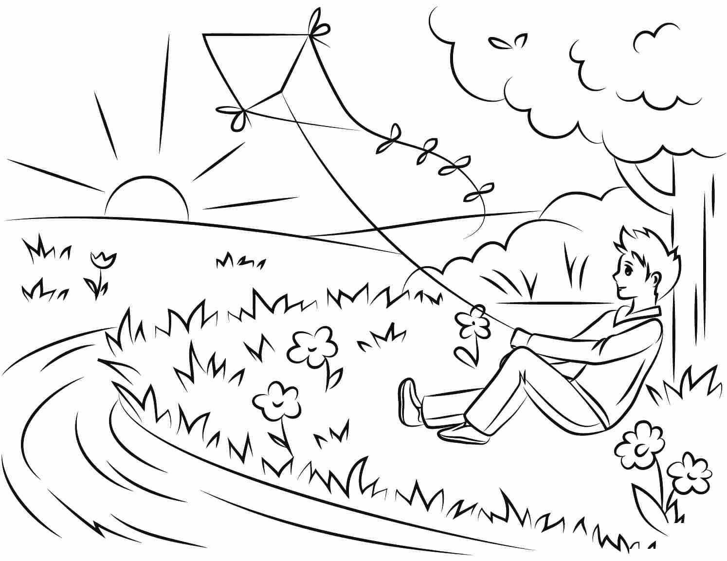 The Boy Flies A Kite In The Sunset Coloring Pages