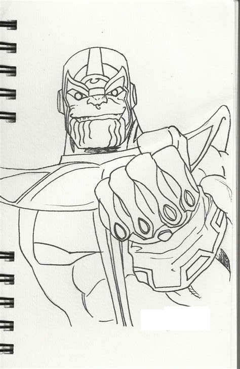 Рисуем зловещего Таноса с Перчаткой Бесконечности на блокноте Раскраска Страница