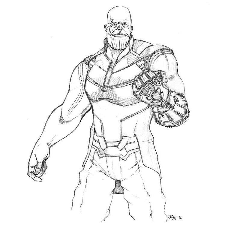 Нарисуй юного Таноса с Перчаткой Бесконечности из Мстителей карандашом Раскраска Страница