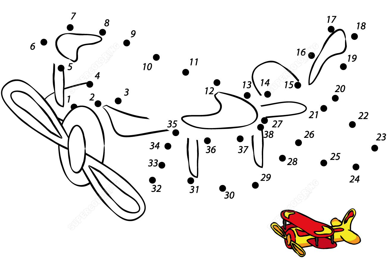 Мультяшный самолетик рисует точечно для дошкольников Раскраска