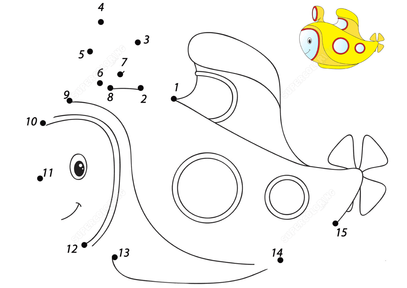 Dot-to-dot Cartoon Submarine under the sea Coloring Pages - Connect the