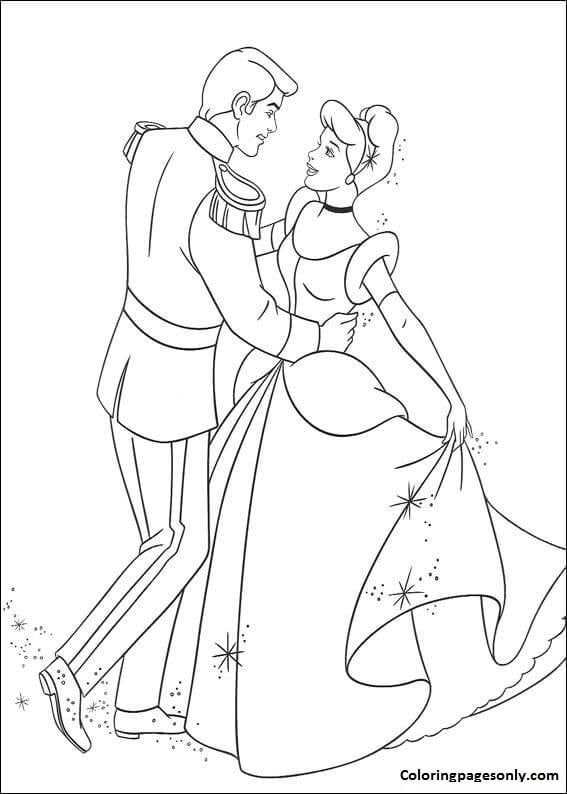 Cenerentola sta ballando con il principe dalla pagina da colorare di Cenerentola