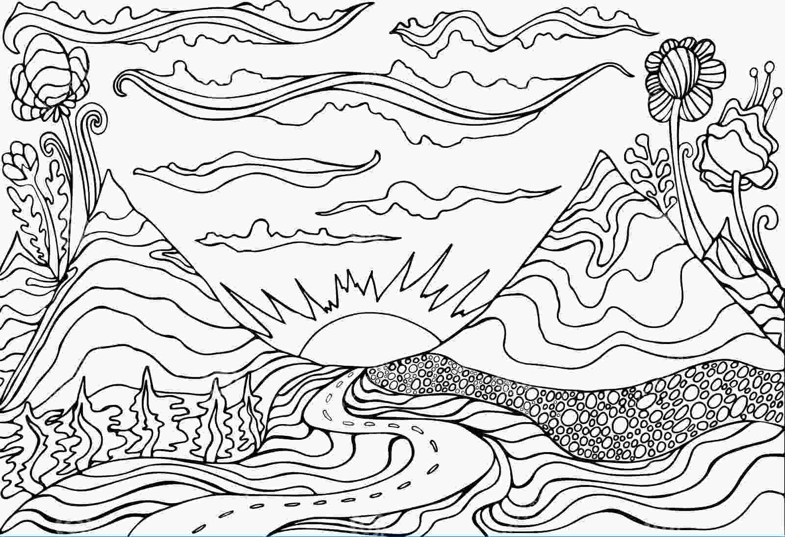 The sun sets behind the mountains Coloring Page