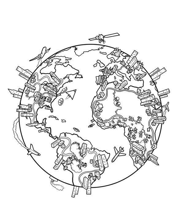 Terre entourée de bâtiments et de transports depuis la carte du monde