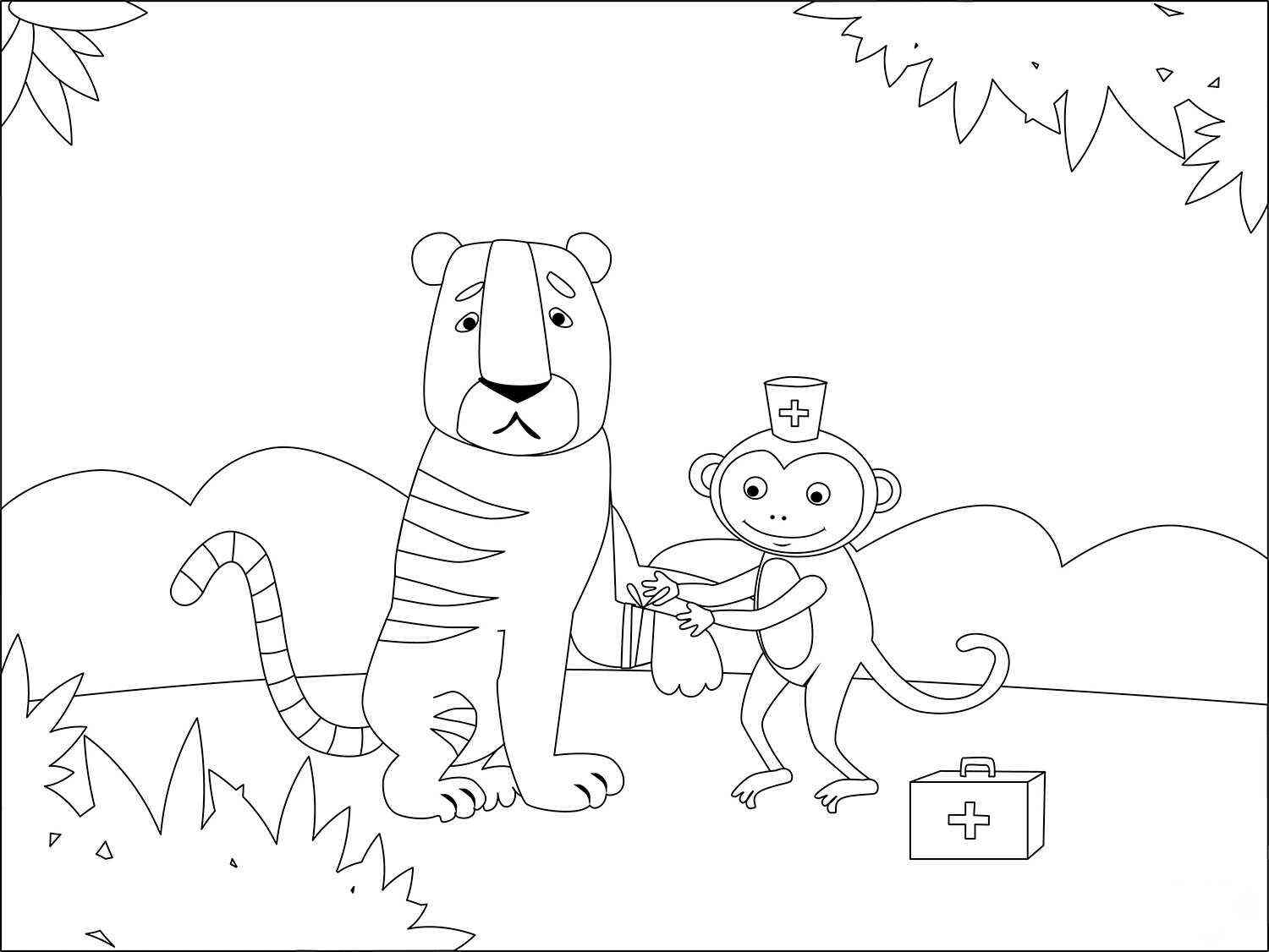 Cartoon Monkey is first aid for the wound of Tiger Coloring Pages ...