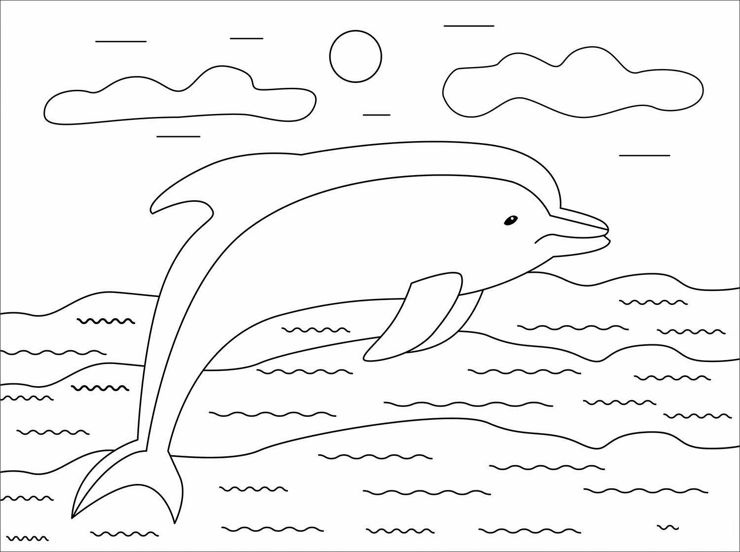 Il delfino comune dal becco corto nuota sotto il sole Pagina da colorare