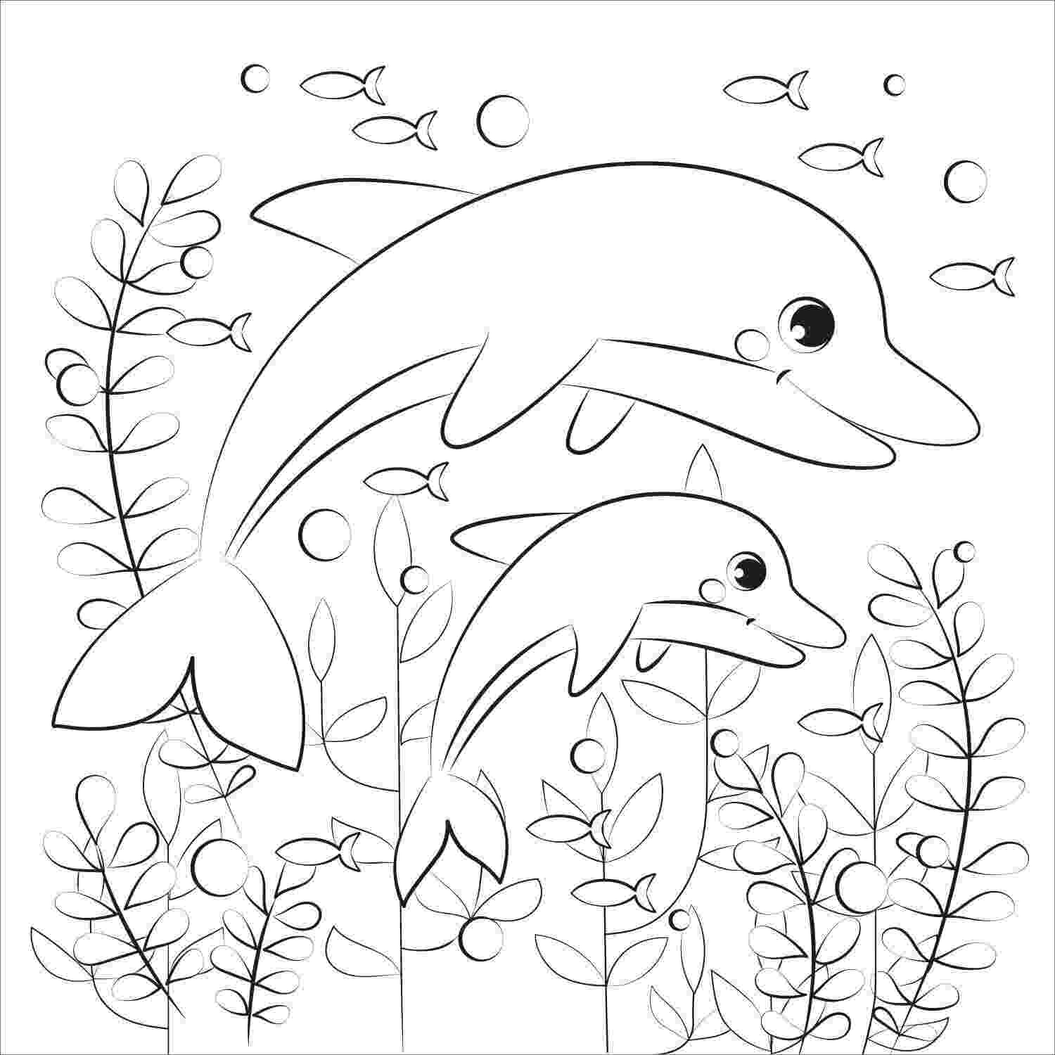 Dolphins swims around the corals Coloring Page