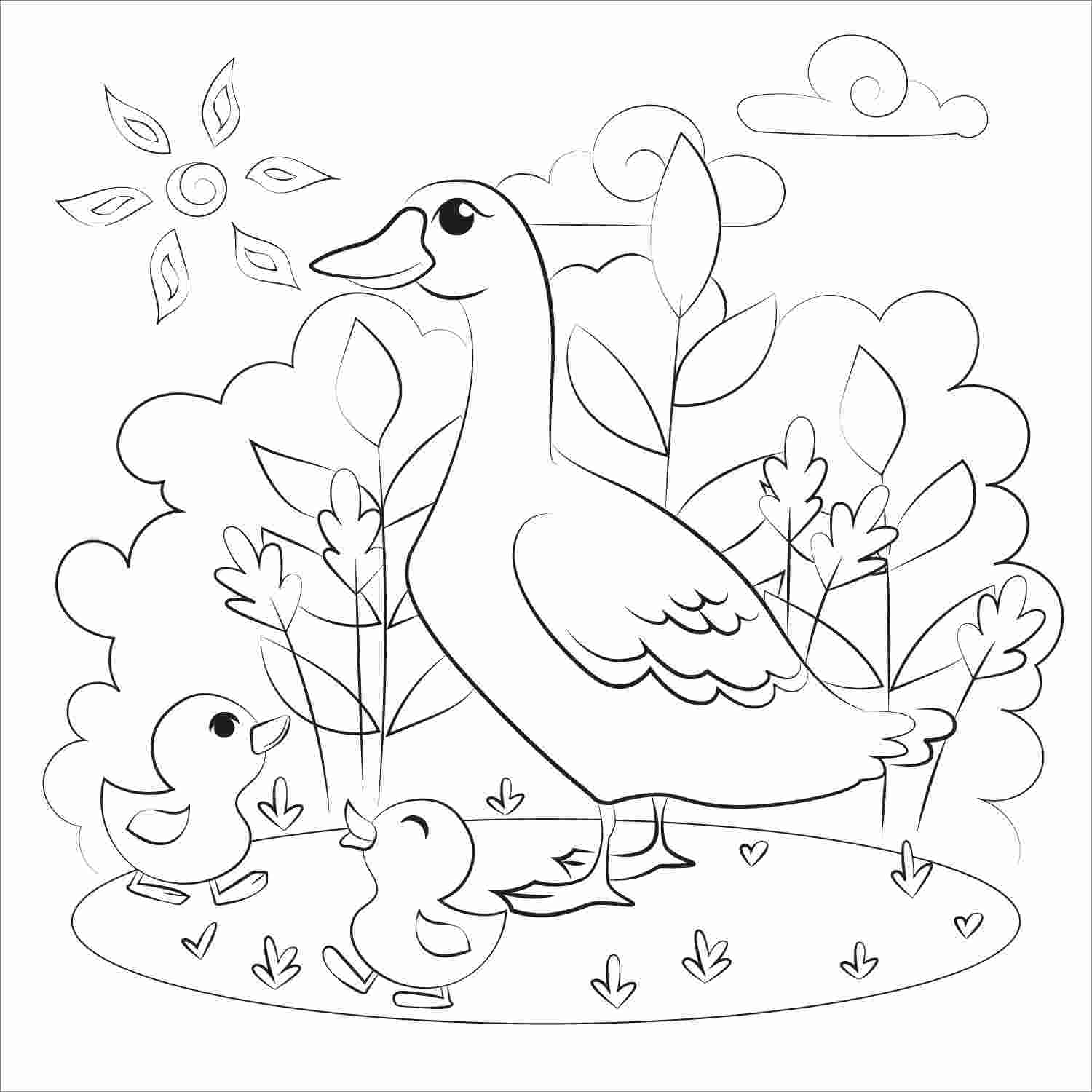 Mother duck and baby ducklings go around on the sunny day Coloring Page