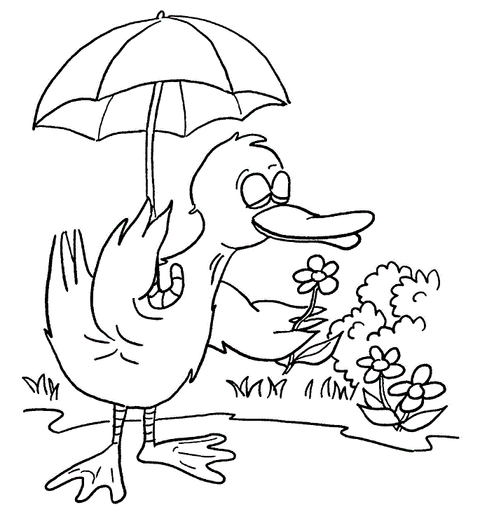 Cute duck with umbrella in the flowers garden Coloring Page