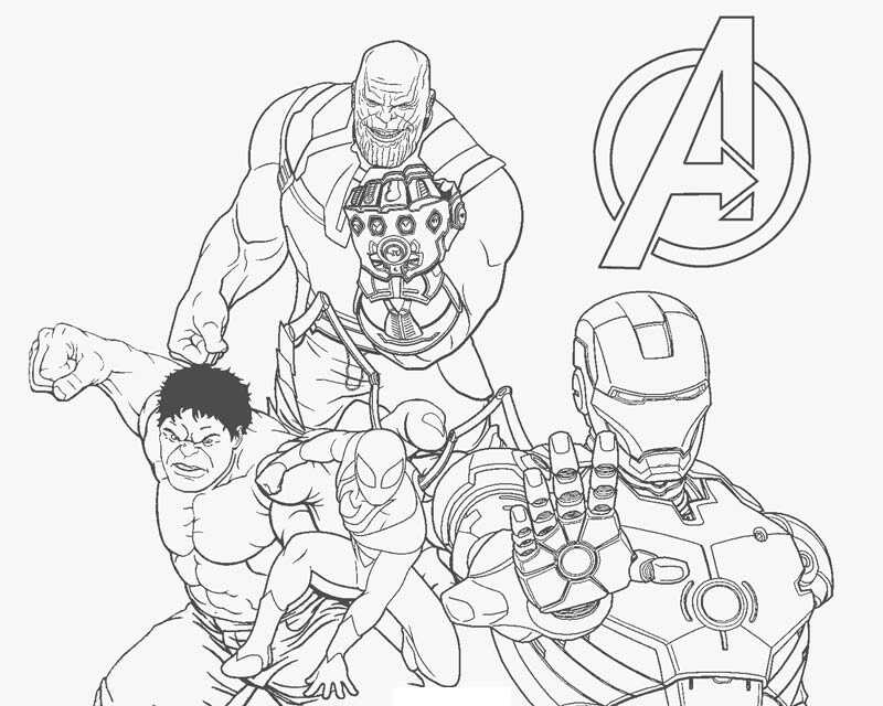 Thanos with Infinity Gauntlet fights to Hulk, Iron man and Spider man from the Avengers Coloring Pages