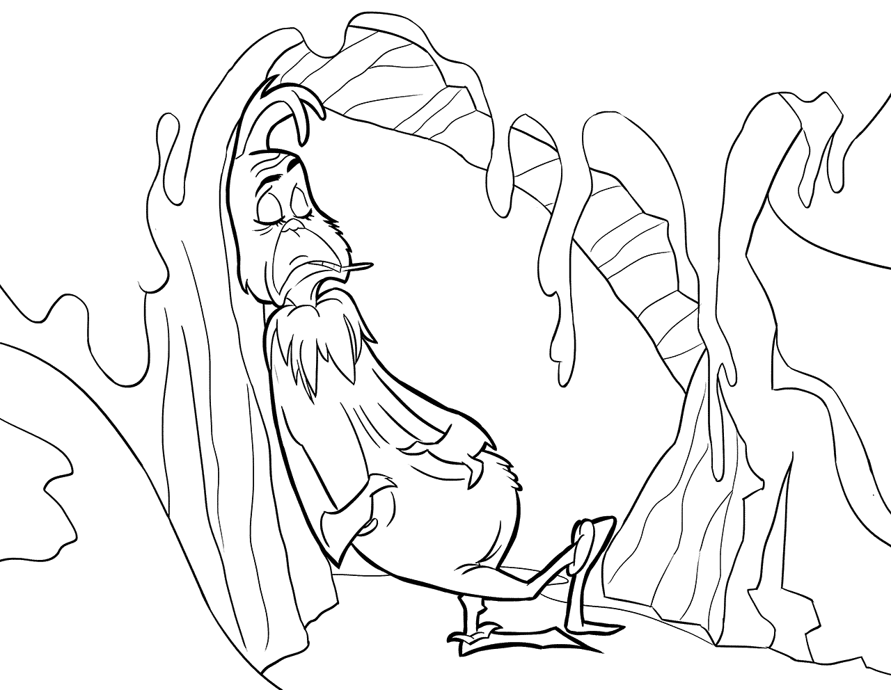 Dibujo de El viejo Grinch parado contra un acantilado para colorear