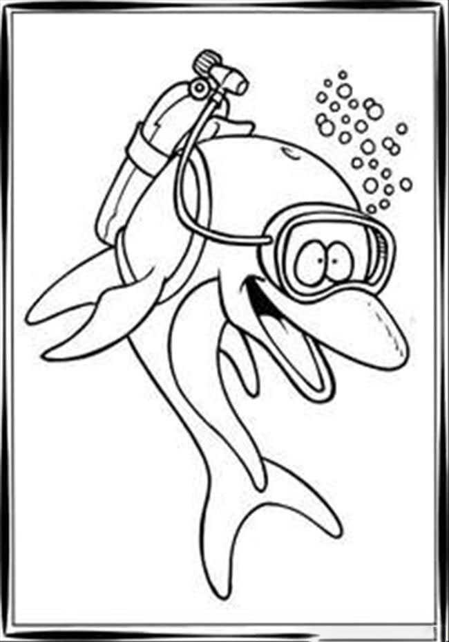 Funny dolphin wears diving suit under the sea Coloring Page
