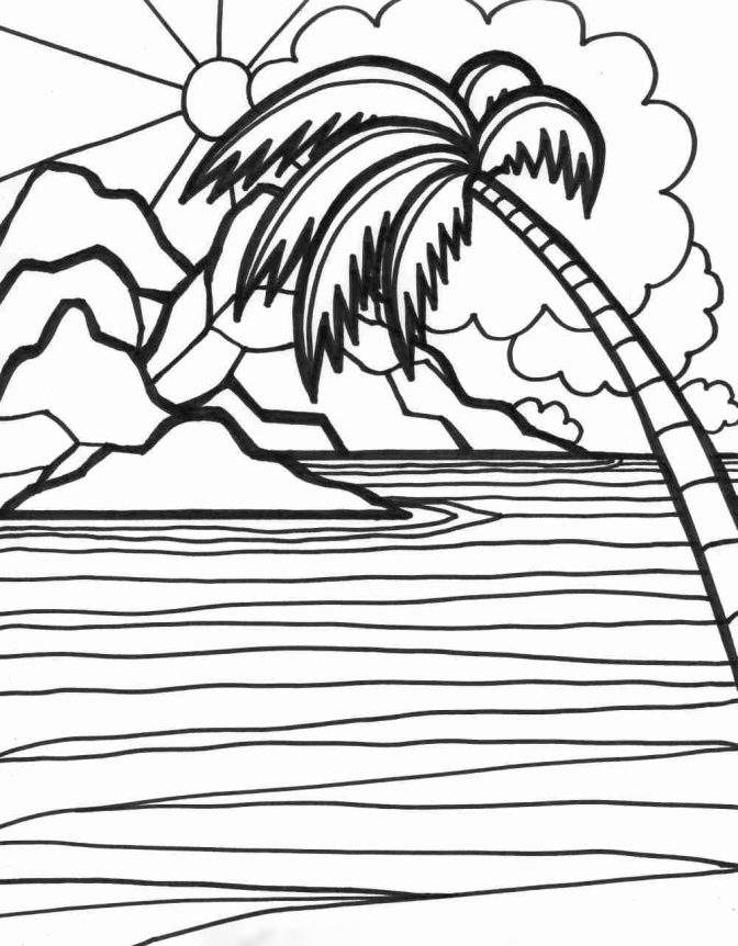 Sunset scene on the beach Coloring Page