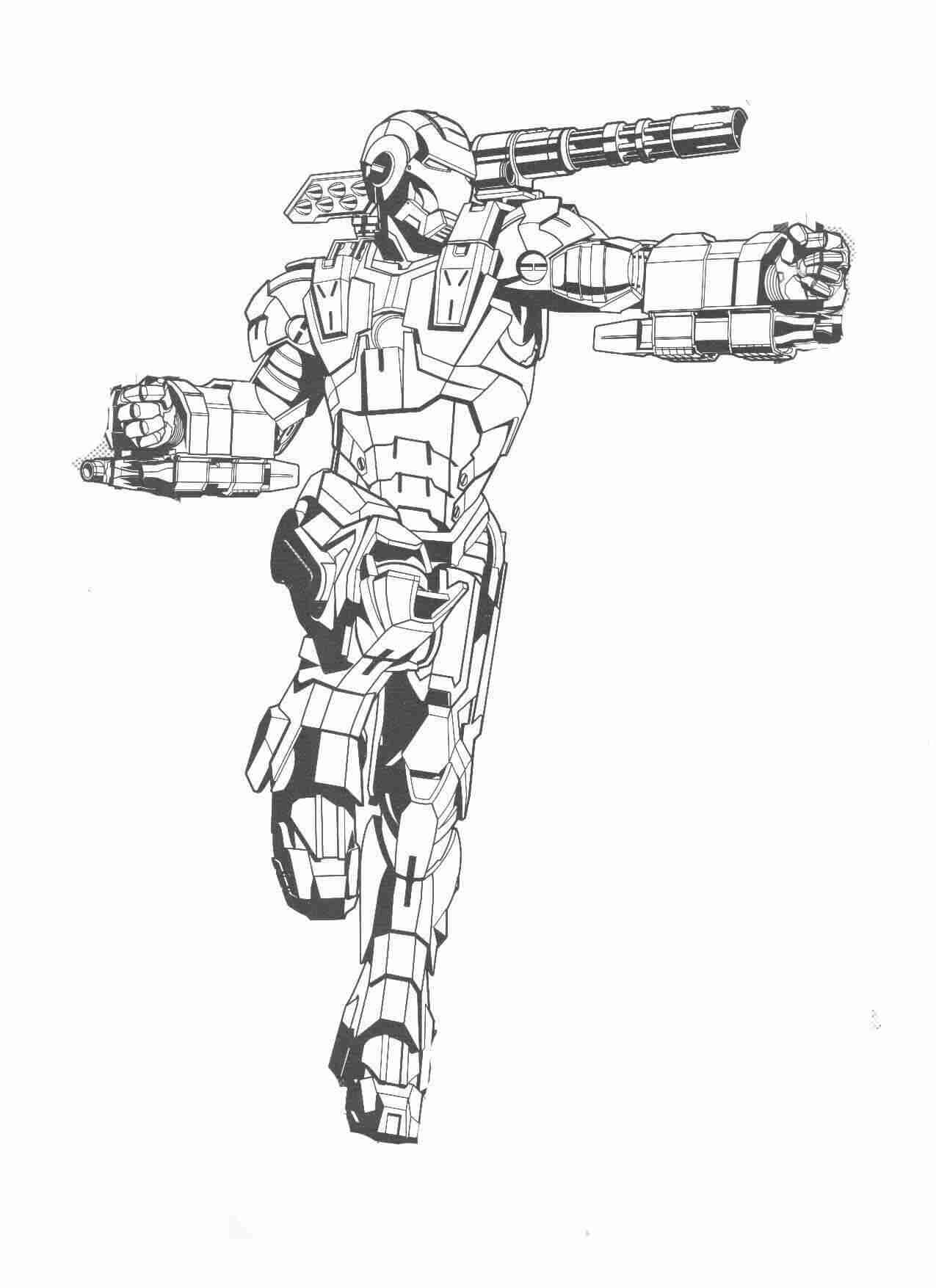 La armadura de Iron Man tiene una ametralladora de guerra en el hombro y posee dos garras de hierro en cada mano. Dibujo para colorear