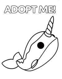 Adoptame, el narval tiene un colmillo en la parte superior, con las aletas de la cola en la parte posterior. Dibujo para colorear