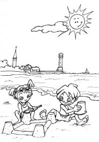 Kids build the sand castle on the beach in the afternoon Coloring Pages