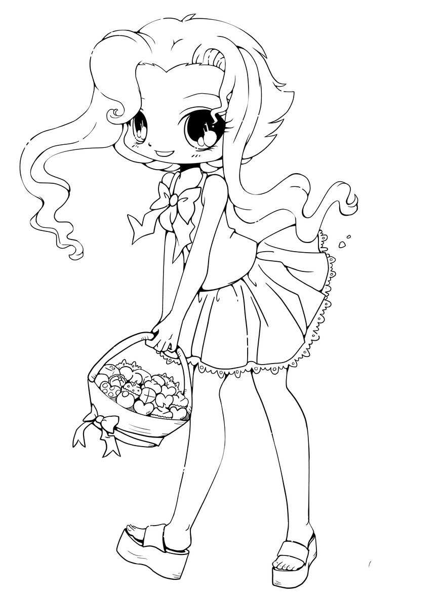 Chibi girl has long and curly hair with blanket of candy Coloring Page