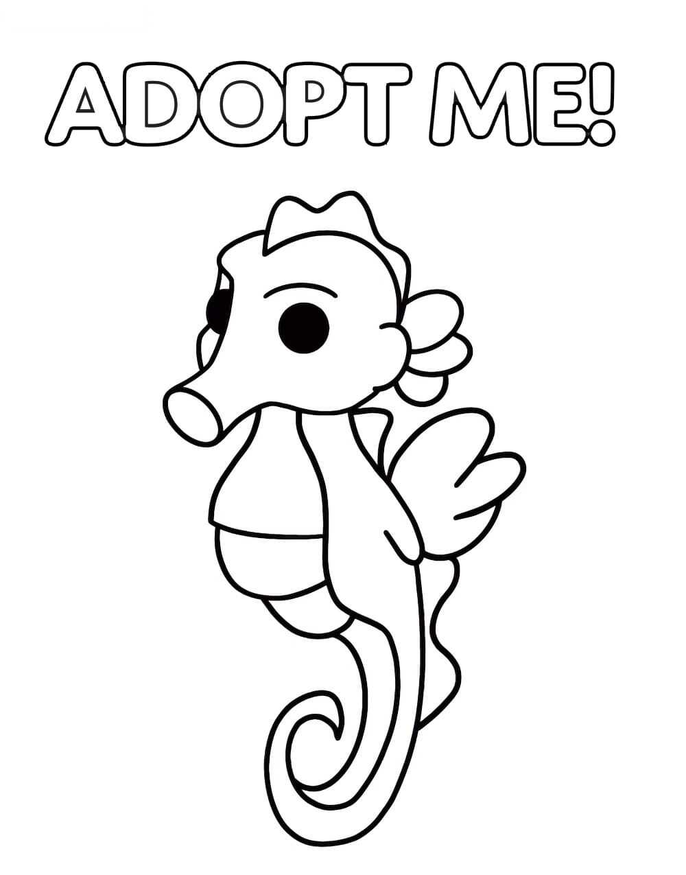 Seahorse van Adopt me heeft een langwerpige snuit en de staart buigt naar zijn lichaam van Adopt me