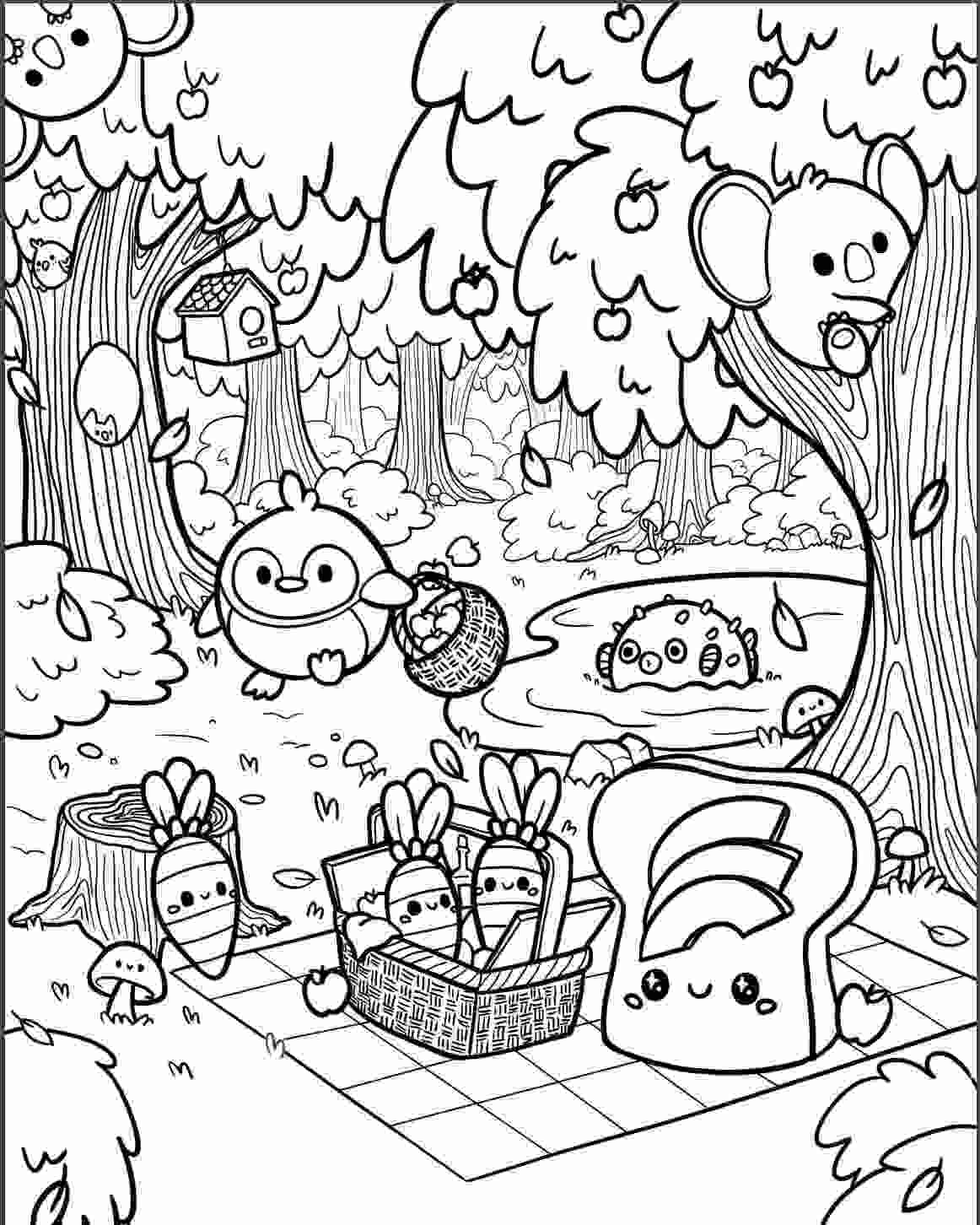 squishmallow animals go camping in the forest coloring pages free