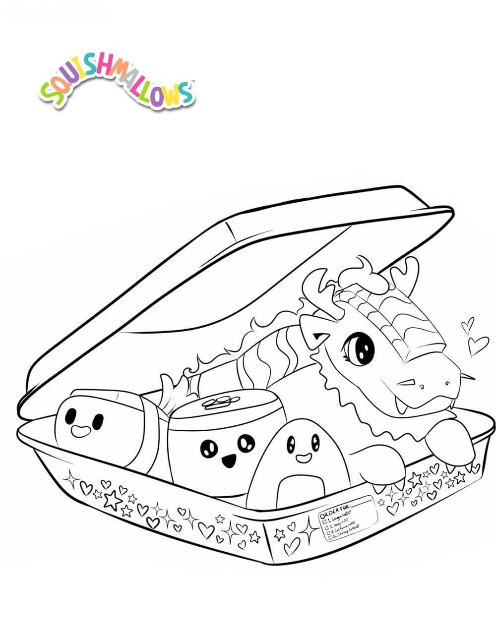 A box of Delicious Squishmallow Sushi Coloring Pages