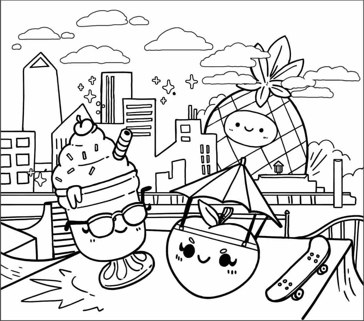 Squishmallow Maui The Pineapple And Scarlet The Strawberry Eats Ice Cream Coloring Pages