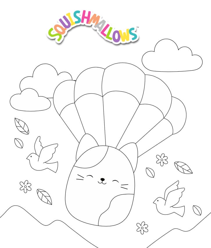 Squishmallow Cora la gata disfruta del salto en paracaídas desde Squishmallow