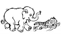 Tiger cub plays with baby elephant Coloring Pages