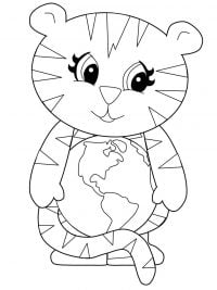 Cute tiger cub carries a globe Coloring Page