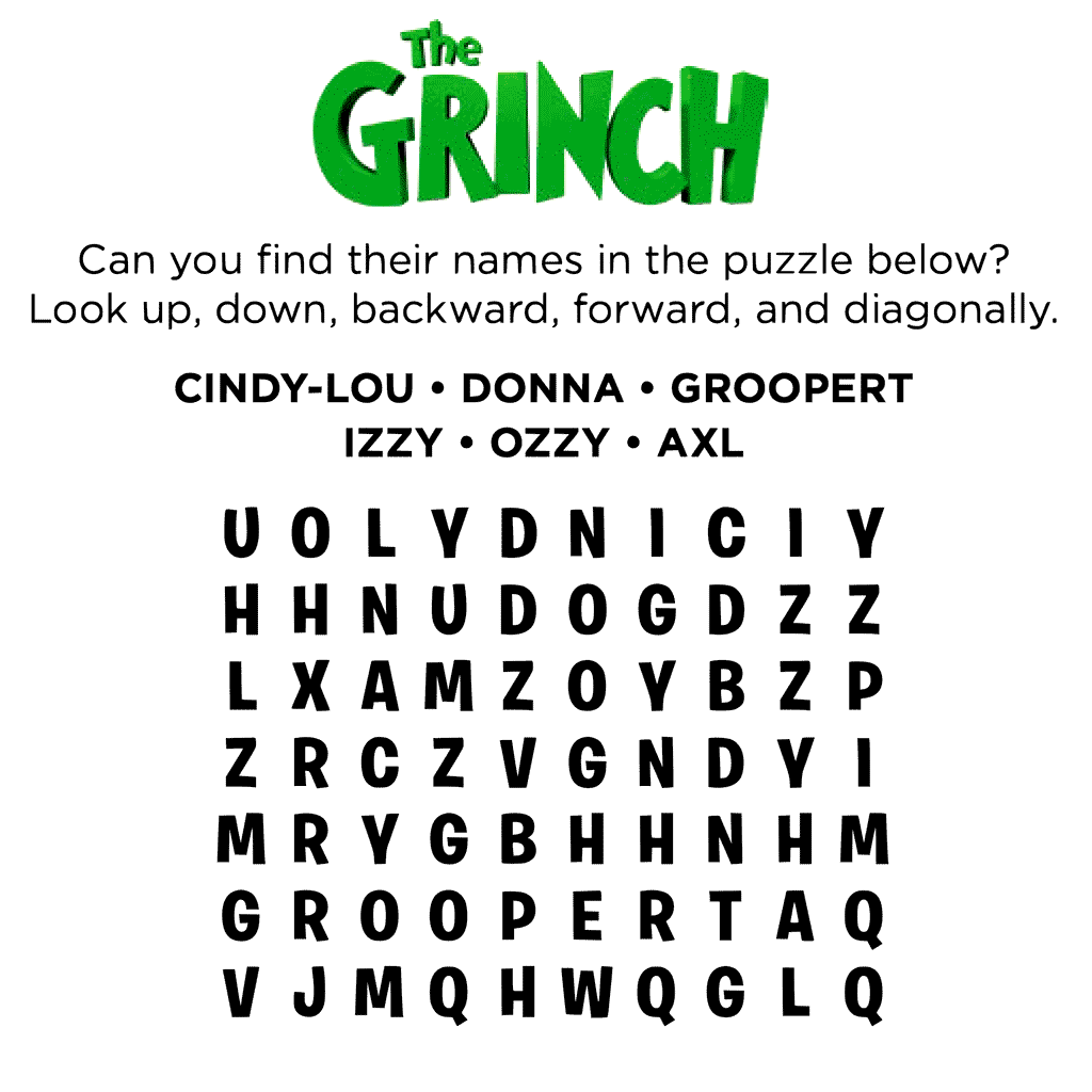 Das Grinch-Wortpuzzle zum Ausmalen