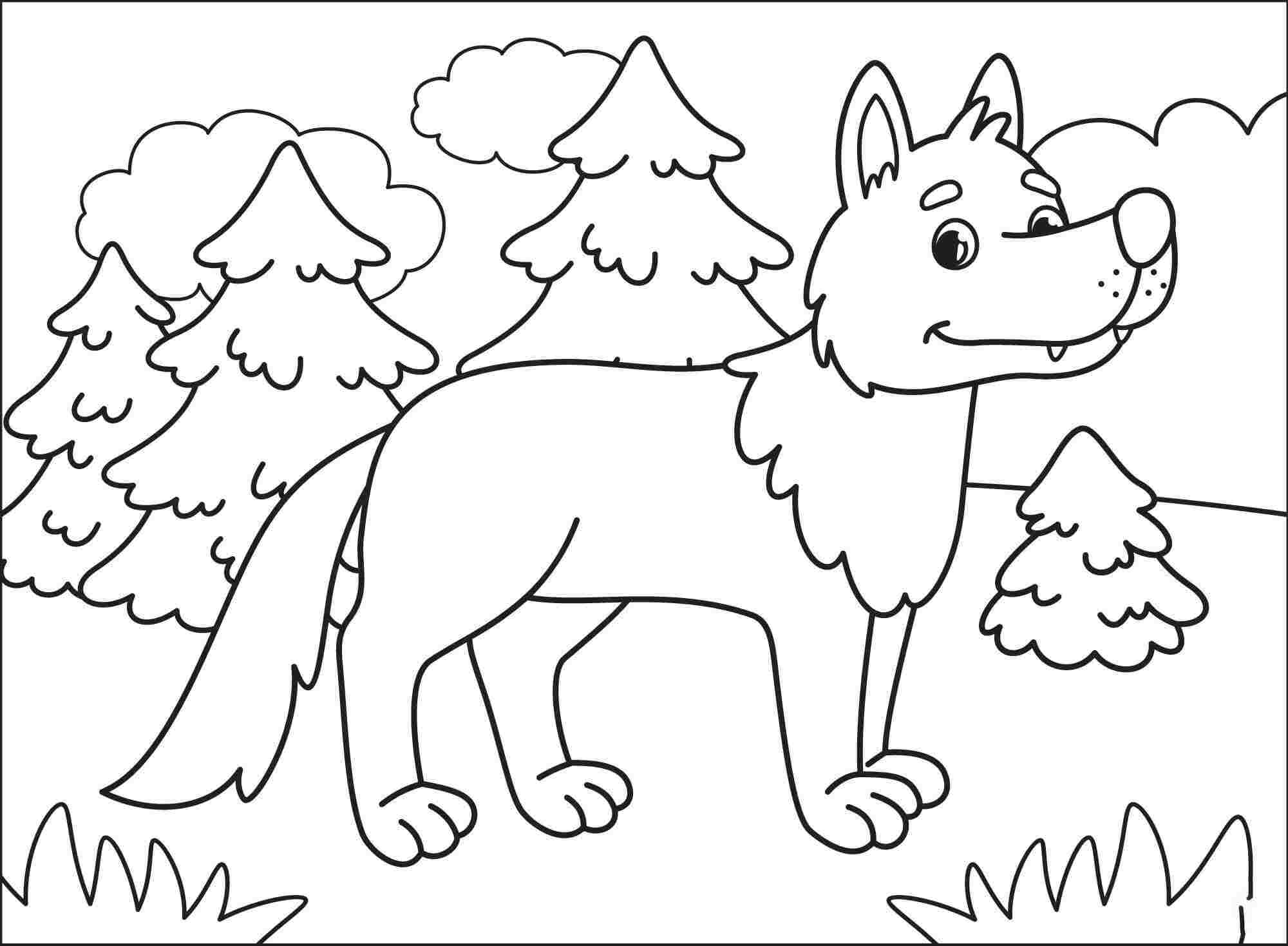 Cartoon wolf walks around in the forest Coloring Pages