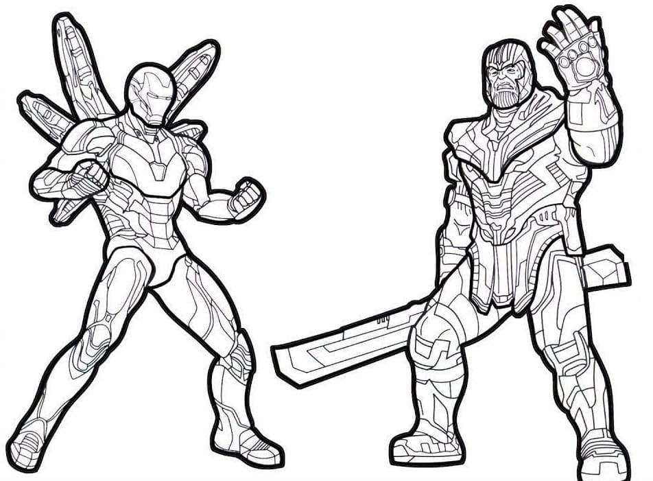 Thanos con espada de doble filo pelea con Iron Man en las películas de Los Vengadores de Avengers