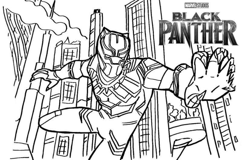 Black Panther from Marvel Studio in the city Coloring Page