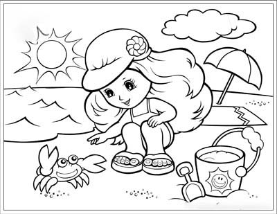 The girl plays sand in the sunset Coloring Page