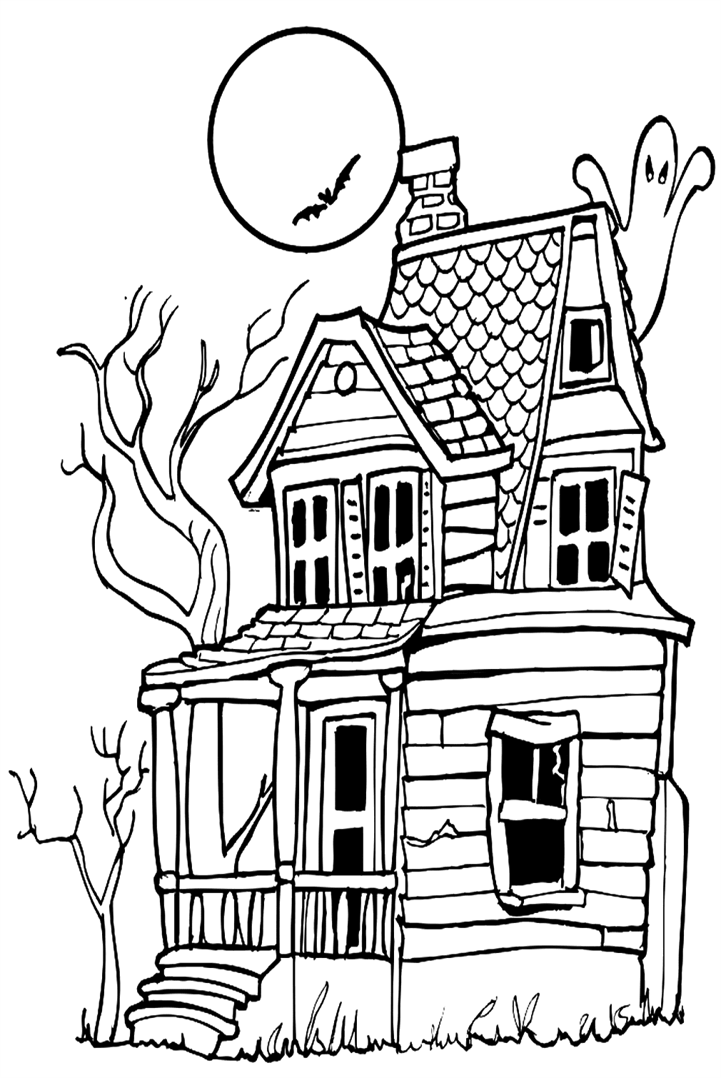 A Rickety House With A Ghost, Full Moon And Bat Coloring Pages