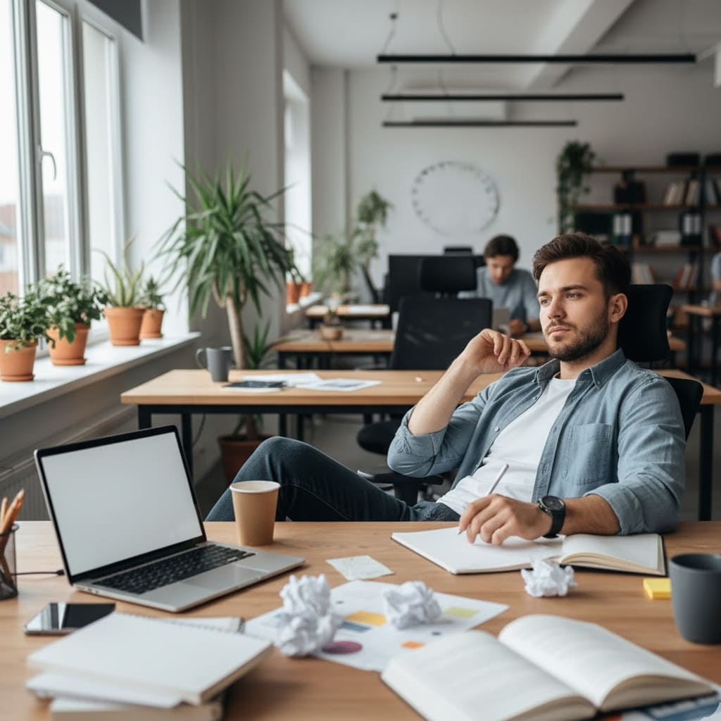 Man taking a break from work with crumpled paper on desk needs a coloring activity