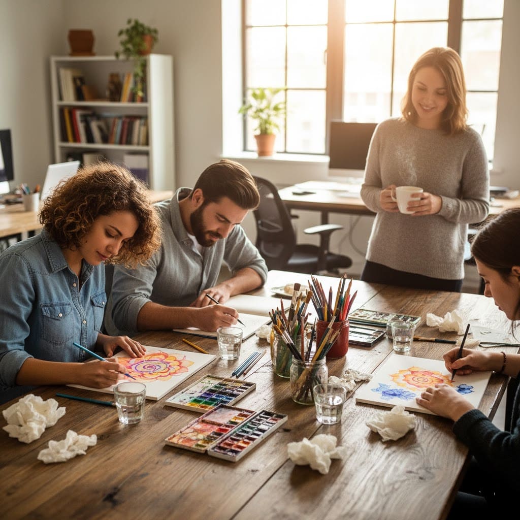 Diverse adults coloring detailed mandalas stress relief art activity