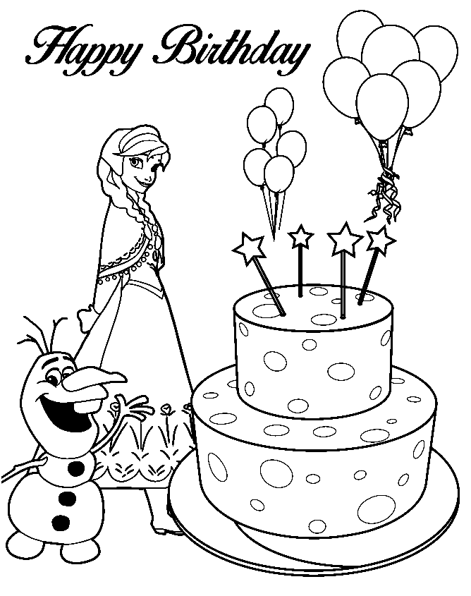 Anna, Olaf e bolo de feliz aniversário para colorir