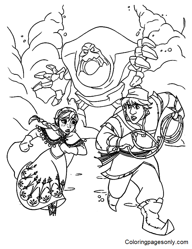 Anna and Kristoff running away from Marshmallow Coloring Page