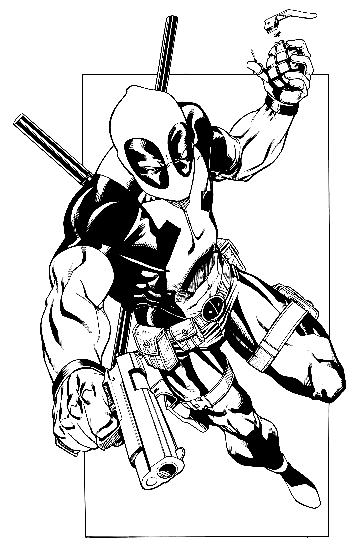 Coloriage Deadpool avec pistolet et grenade