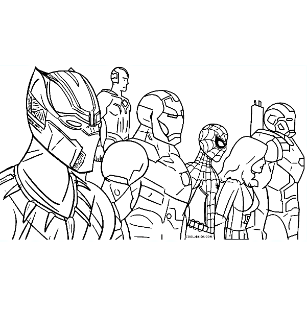 Black Panther with Avengers Endgame Team Coloring Pages