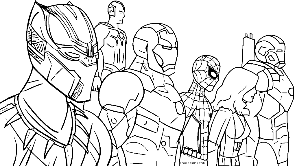 Black Panther with Avengers Endgame Team Coloring Page